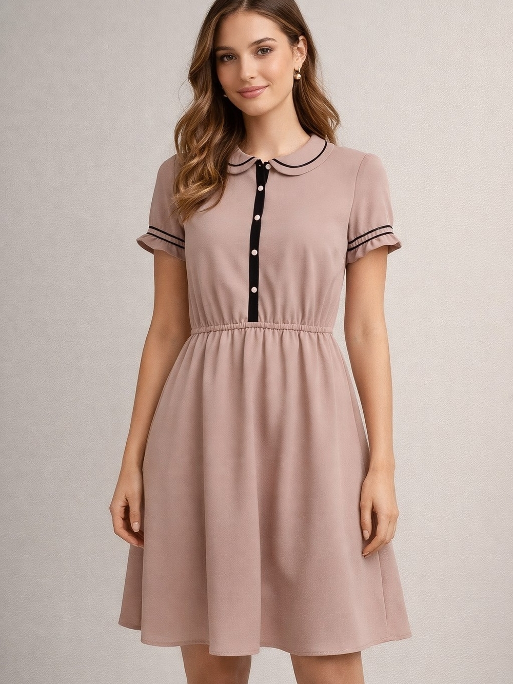 Mauve Pink Short-Sleeve Peter Pan Collar Mini Dress